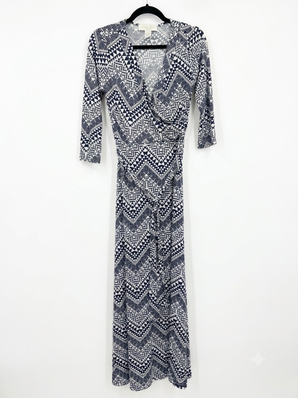 Love Kuza Faux Wrap Maxi Dress Large Blue White Geometric Fall Career Teacher